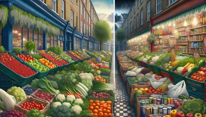 Affluent UK neighbourhoods with fresh produce markets contrasted with food deserts offering processed foods in lower socioeconomic areas.