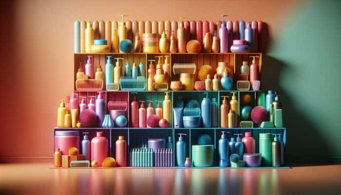 Various affordable hair care products displayed on a vibrant shelf, showcasing visible price tags and ingredient lists.