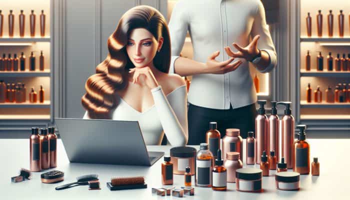 Person with healthy hair using a laptop to explore hair care blogs and tutorials, with a stylist and products in a salon setting.