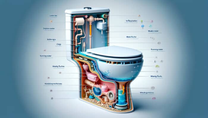 Cross-section of toilet showing common issues: leaks, clogs, running water, weak flush, faulty mechanisms, cracks, improper installation.