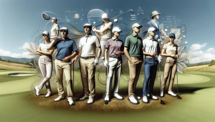 Professional golfers showcasing high-end golf apparel brands on a vibrant green course.
