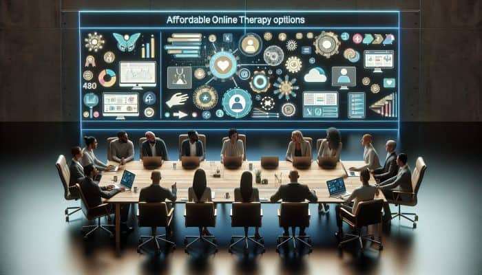A diverse team of mental health professionals discussing affordable online therapy options at a modern meeting table with digital displays.