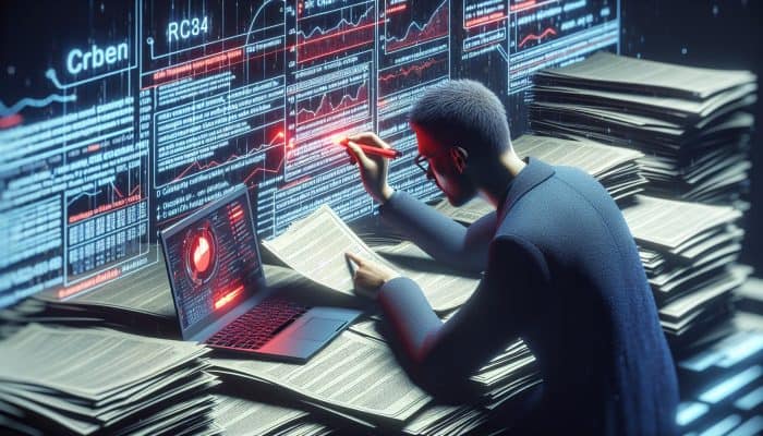 Individual carefully reviewing credit report, marking discrepancies in red, with financial documents and laptop showing credit score analytics.