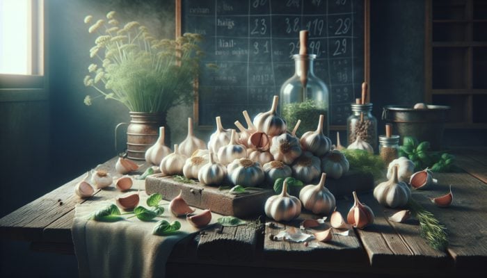 Garlic bulbs and peeled cloves alongside herbs on a rustic table, illustrating UK herbal medicine.