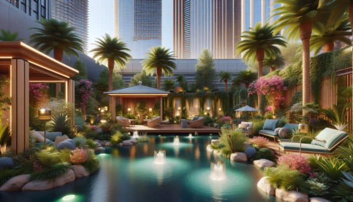 A serene oasis on the Las Vegas Strip featuring beautiful water features, greenery, and comfortable seating areas.