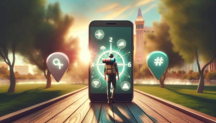 Individual using a smartphone with AllTrails and Google Maps to find serene parks and trails in Las Vegas, aided by social media hashtags.