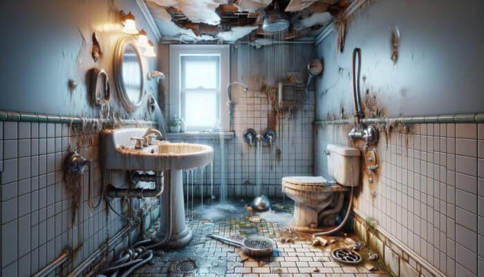 A bathroom showcasing various shower issues like leaks, cracks, and mould, requiring professional repair.