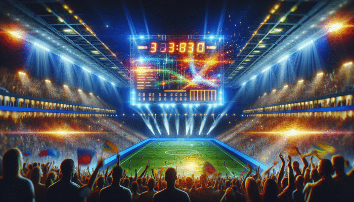 A lively sports arena with a bright scoreboard displaying real-time scores, player statistics, and game timelines.
