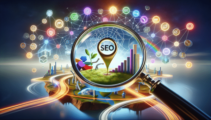 Leading SEO Service Provider in Yeovil, Somerset: A magnifying glass emphasizing "SEO" and "CRUCIAL" amidst icons representing business growth and search rankings.