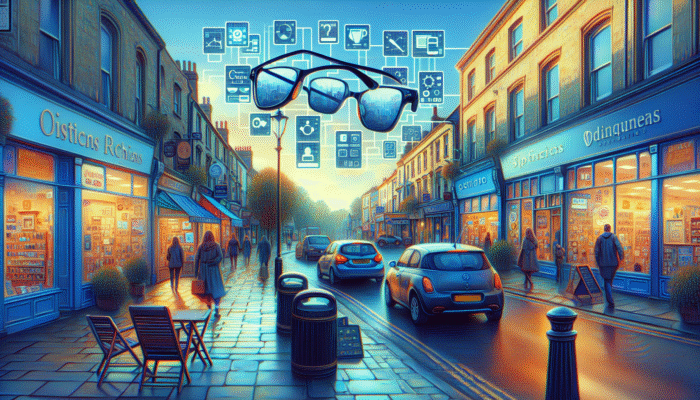 A bustling Yeovil street showcasing diverse businesses with SEO-optimized signage and digital displays for local services.