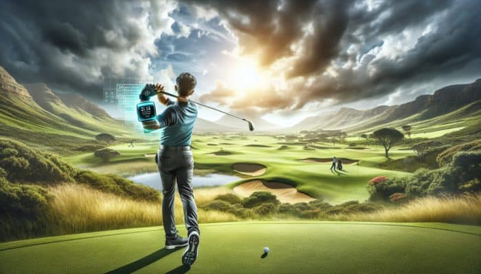 Golfer using advanced golf performance tracker in South Africa to analyze swing and trajectory.