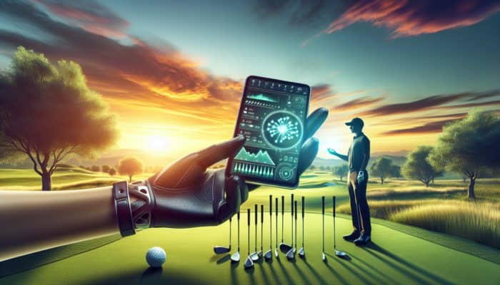 A golfer utilizing a modern golf performance tracker on a green during sunset with clubs nearby.