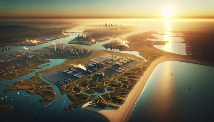 Affordable Coastal Entry-Level Properties in Richards Bay: Aerial view of Richards Bay at sunset, showcasing beaches, industry, and nature reserves with community events.