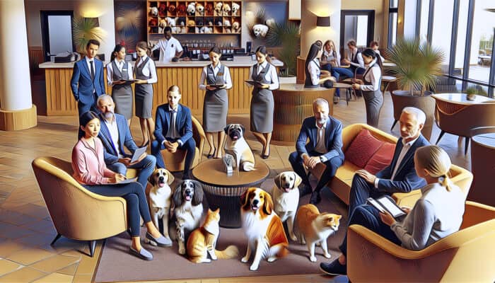A cozy hotel lobby showcasing pets and staff offering pet-friendly amenities and expert advice.