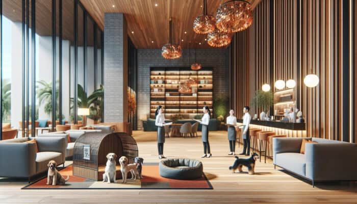 A cozy hotel lobby featuring a pet-friendly area, including a pet spa and dog beds, with staff engaging guests and their pets.