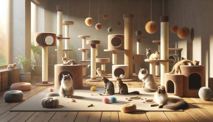 A calm room equipped with cat towers, posts, and toys where several cats coexist and play peacefully.