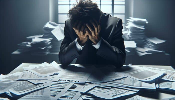 A distressed individual surrounded by legal documents and financial statements, illustrating the challenges of bankruptcy in the UK.