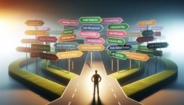 A person at a crossroads examining various debt relief options like DMPs, IVAs, DROs, and credit counseling.