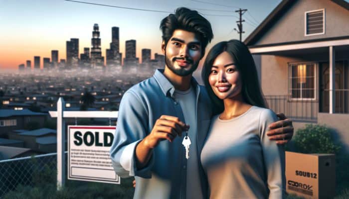 A young couple standing proudly with keys in front of their new home in Bloemfontein, showcasing a "Sold" sign.