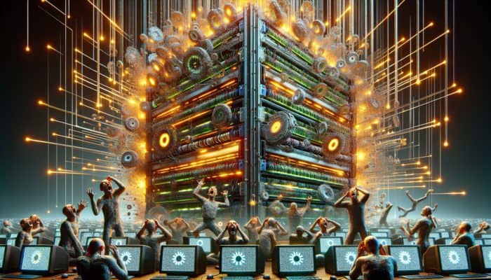 An overwhelmed server with outdated data, frustrated users viewing old information, highlighting the necessity for updated caching.