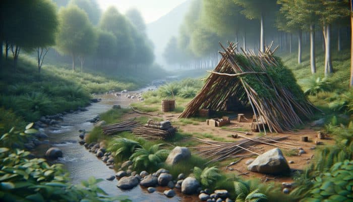A primitive shelter under construction using natural materials in a forest clearing, adjacent to a stream.