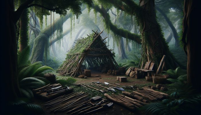 Gathering various flora for primitive shelter construction in a lush forest, equipped with tools for material preparation.