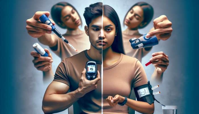 A person with type 1 diabetes using a glucose meter frequently, contrasted with less frequent testing for stable type 2 diabetes.