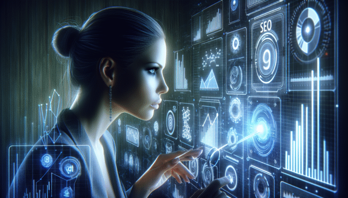 A digital marketing specialist analyzing SEO data on a futuristic interface with holographic graphs and keywords, optimizing AEO strategies.