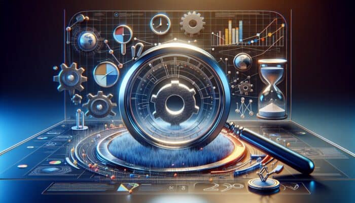 A magnifying glass focusing on a website amidst SEO tools and analytics graphs, symbolising search engine optimisation.