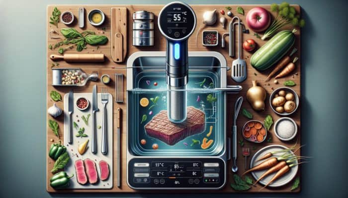 Sous vide setup with steak cooking at 55°C and vegetables at 85°C, with simple recipes nearby.