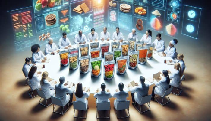 Experts in lab coats examining freeze-dried food packets, with charts and graphs.