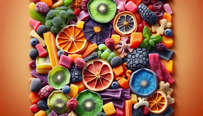 A colorful selection of freeze-dried fruits and vegetables, showcasing their nutrition and flavor.