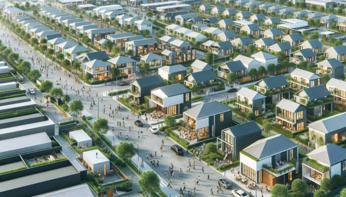 Aerial view of a lively neighborhood showcasing modern entry-level homes surrounded by green spaces.