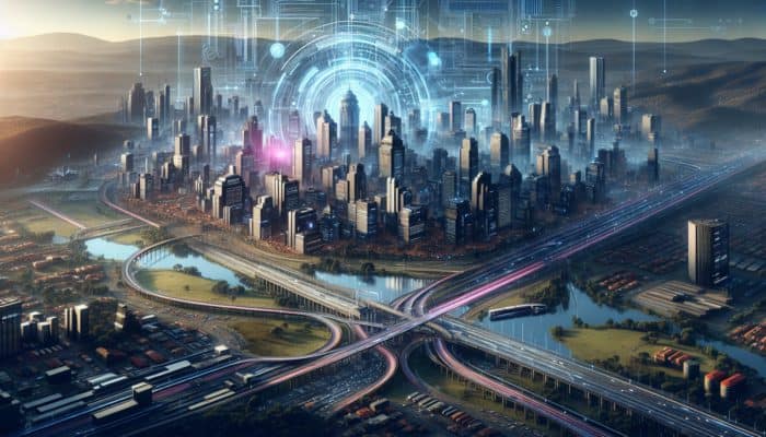 Futuristic skyline of Pietermaritzburg showcasing new transport routes and modern commercial developments enhancing urban renewal.
