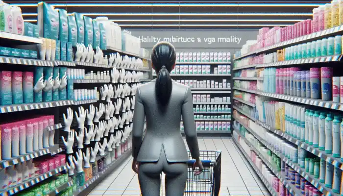 A shopper assessing different sizes and brands of nitrile gloves in a supermarket aisle.