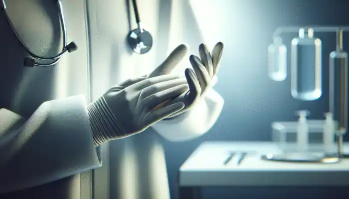 A healthcare worker donning durable, flexible nitrile gloves from leading brands in a clinical environment.