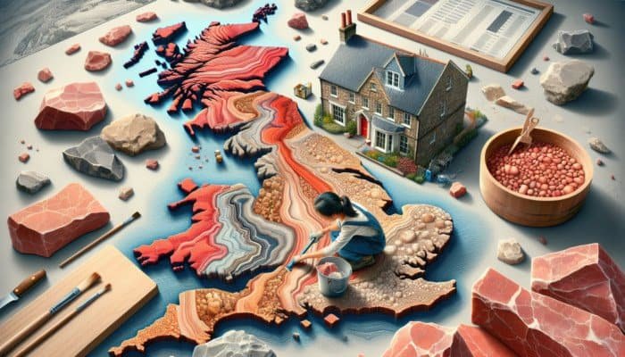 Geological map of the UK illustrating red Triassic and buff Jurassic sandstones, accompanied by texture insets and a homeowner cleaning Cotswold sandstone.