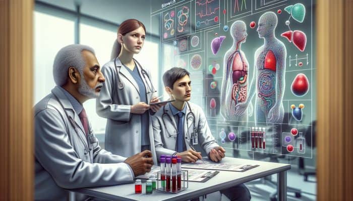 An informative medical illustration showcasing liver blood testing in a modern Bloxwich clinic, featuring healthcare experts and advanced equipment.