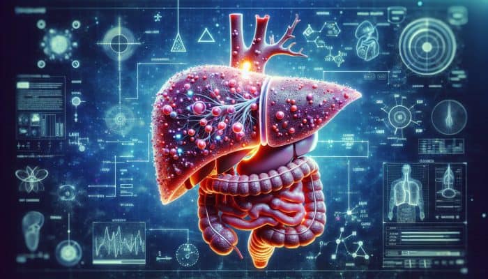 Ferritin Blood Test in Maldon: Cross-section of human body highlighting liver, spleen, bone marrow with glowing ferritin structures storing iron.