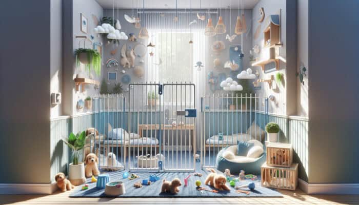 A cosy, secure pet area with baby gates, free of hazards, featuring soft beds and toys.