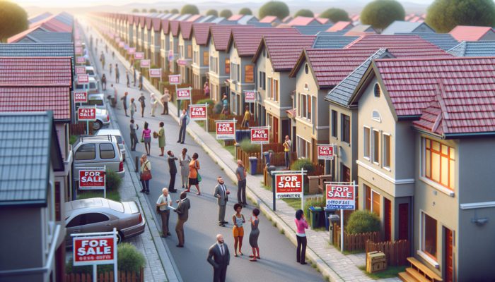 A bustling street in Standerton showcasing 'For Sale' signs on budget-friendly homes, enticing eager first-time homebuyers and real estate investors.