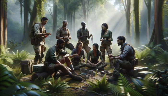 A diverse survival group in a forest, practicing emergency drills, showcasing adaptability and camaraderie.
