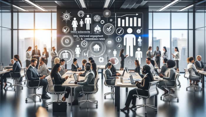 A diverse group of professionals reviewing inclusivity survey results with charts showing improved engagement and retention rates.