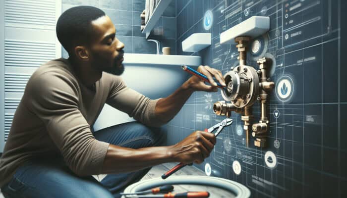A skilled plumber installing a new water valve in a modern bathroom, ensuring both safety and efficiency.