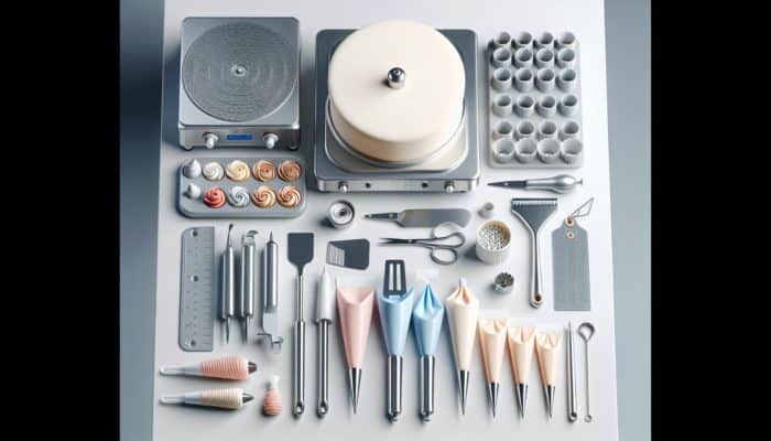 Professional cake decorating tools including spatula, turntable, molds, piping bags, flower nail, scissors, leveling tool, and palette knife.
