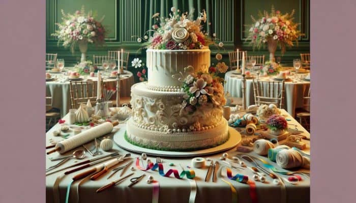 A multi-tiered cake with sugar flowers, piping, and pearls, displayed alongside decorating tools and ribbons.