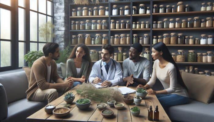 A diverse group consulting a UK herbalist in a cozy office surrounded by herbal remedies.
