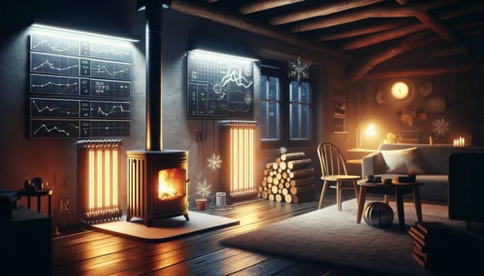 Grid-Down Heating: A warm living room featuring a wood stove and modern solar heaters during a power outage.