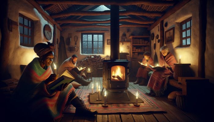 A welcoming room where people are using a wood stove and candles for warmth during a power outage, reading survival guides.