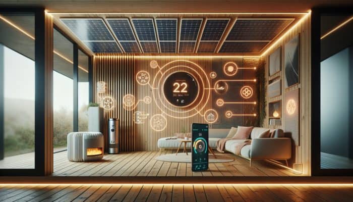 A cozy room with a solar heater, advanced insulation, and a smart thermostat controlled by a mobile app.